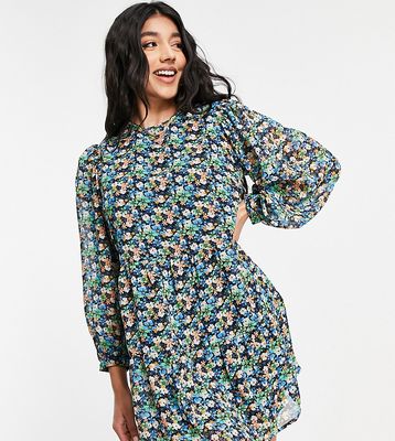 Wednesday's Girl long sleeve mini smock dress with full skirt in vintage floral-Multi
