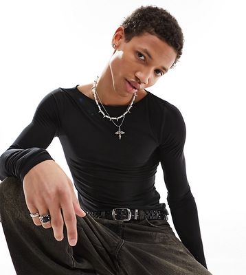 COLLUSION Slash neck muscle fit long sleeve top in black
